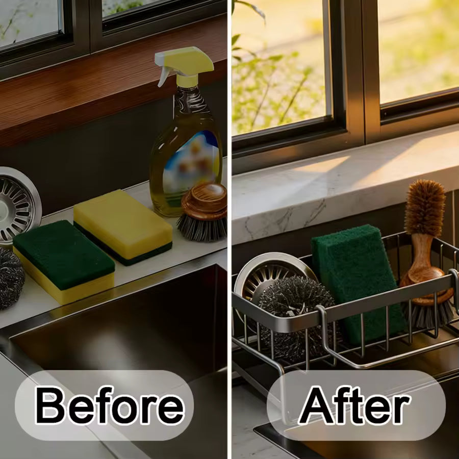 Stainless Steel Sink Organizer Rack with Drain Tray – Large Capacity Kitchen Cleaning Storage