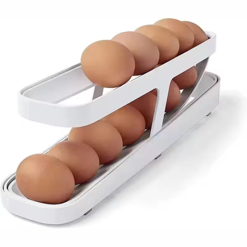 Automatic Rolling Egg Dispenser – Space-Saving Fridge Organizer (White & Silver)