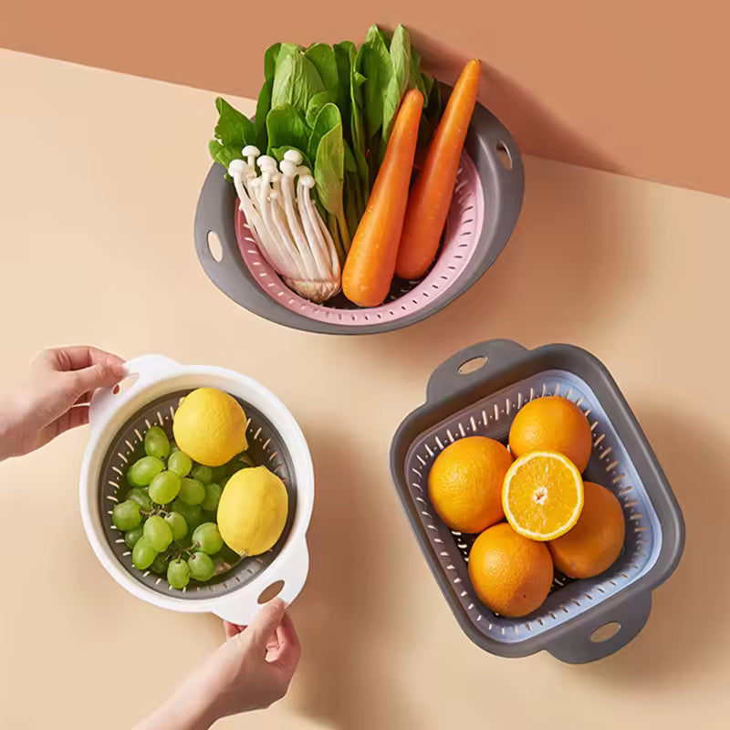Collapsible Silicone Colander & Strainer Set – Space-Saving Foldable Fruit & Vegetable Washing Basket