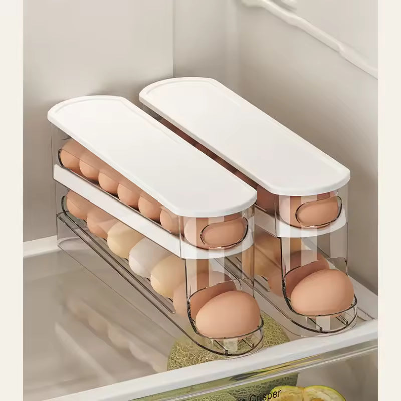 Automatic Rolling Egg Dispenser – Space-Saving Fridge Organizer (White & Silver)