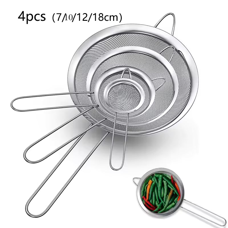 4-Piece Stainless Steel Fine Mesh Strainer Set (7/10/12/18 cm) – Multi-Purpose Kitchen Colanders
