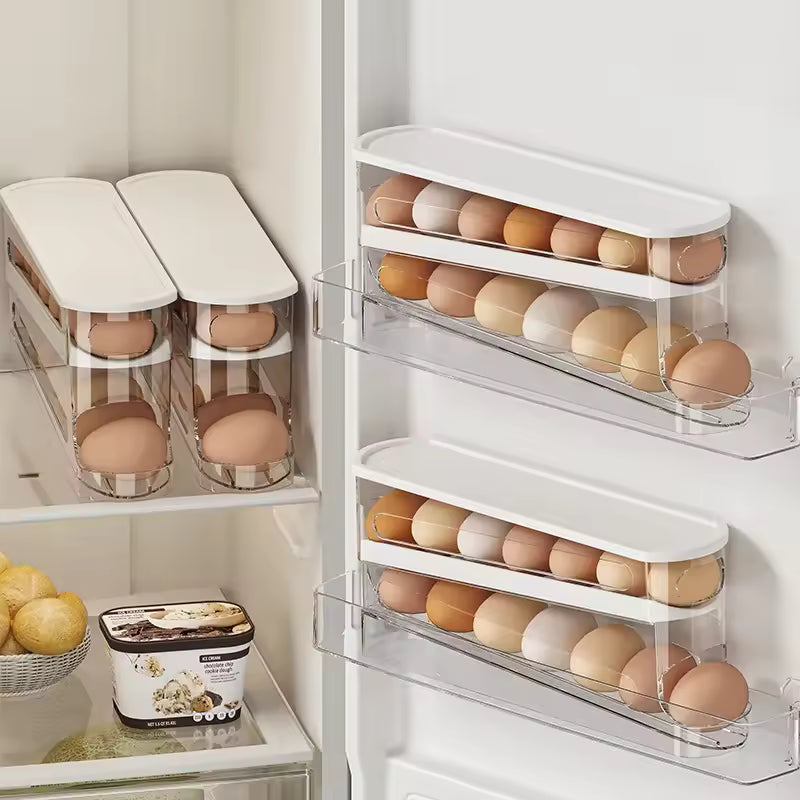 Automatic Rolling Egg Dispenser – Space-Saving Fridge Organizer (White & Silver)