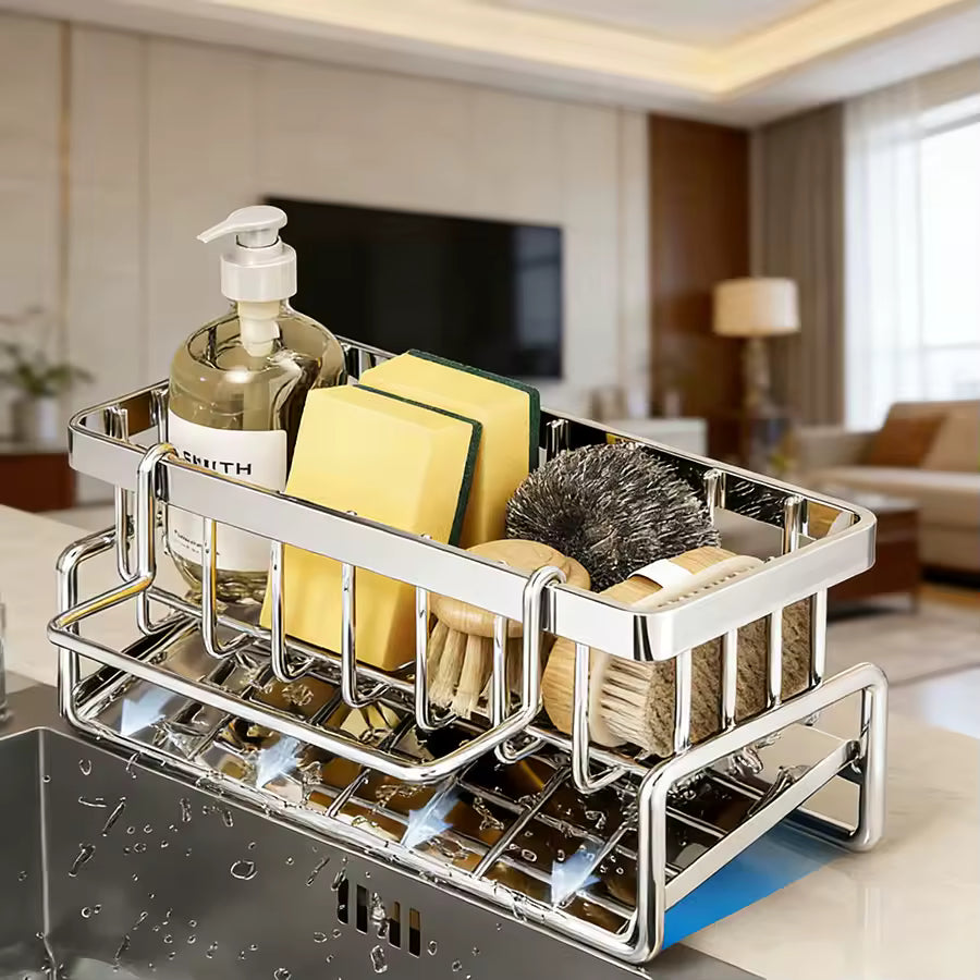 Stainless Steel Sink Organizer Rack with Drain Tray – Large Capacity Kitchen Cleaning Storage