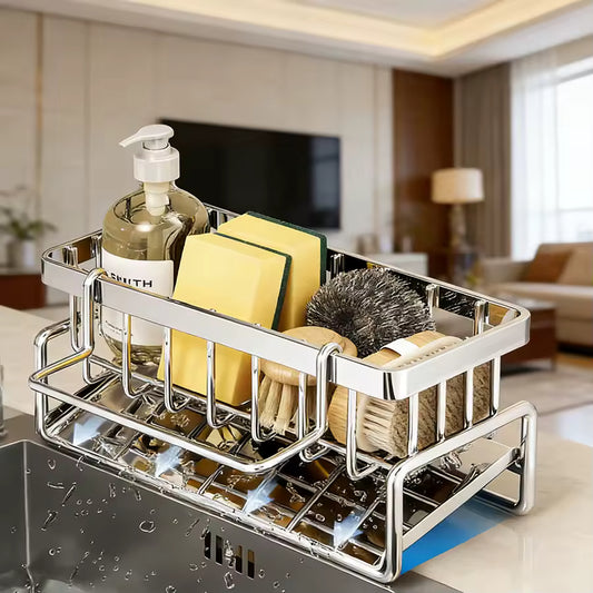 Stainless Steel Sink Organizer Rack with Drain Tray – Large Capacity Kitchen Cleaning Storage