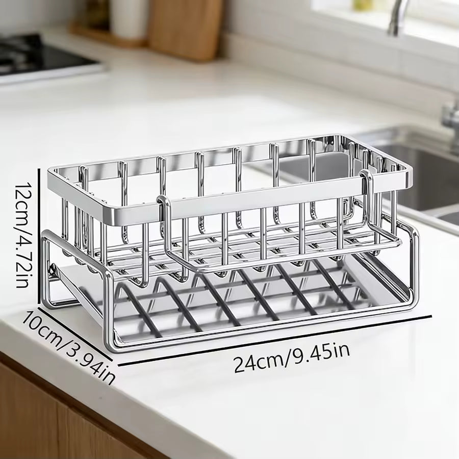 Stainless Steel Sink Organizer Rack with Drain Tray – Large Capacity Kitchen Cleaning Storage
