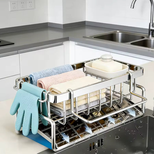 Stainless Steel Sink Organizer Rack with Drain Tray – Large Capacity Kitchen Cleaning Storage