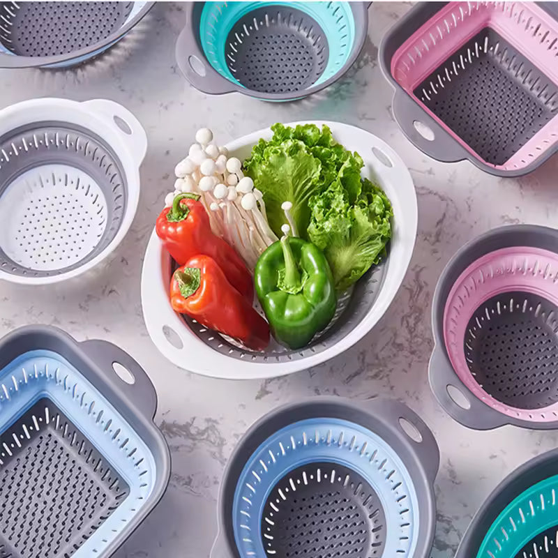 Collapsible Silicone Colander & Strainer Set – Space-Saving Foldable Fruit & Vegetable Washing Basket