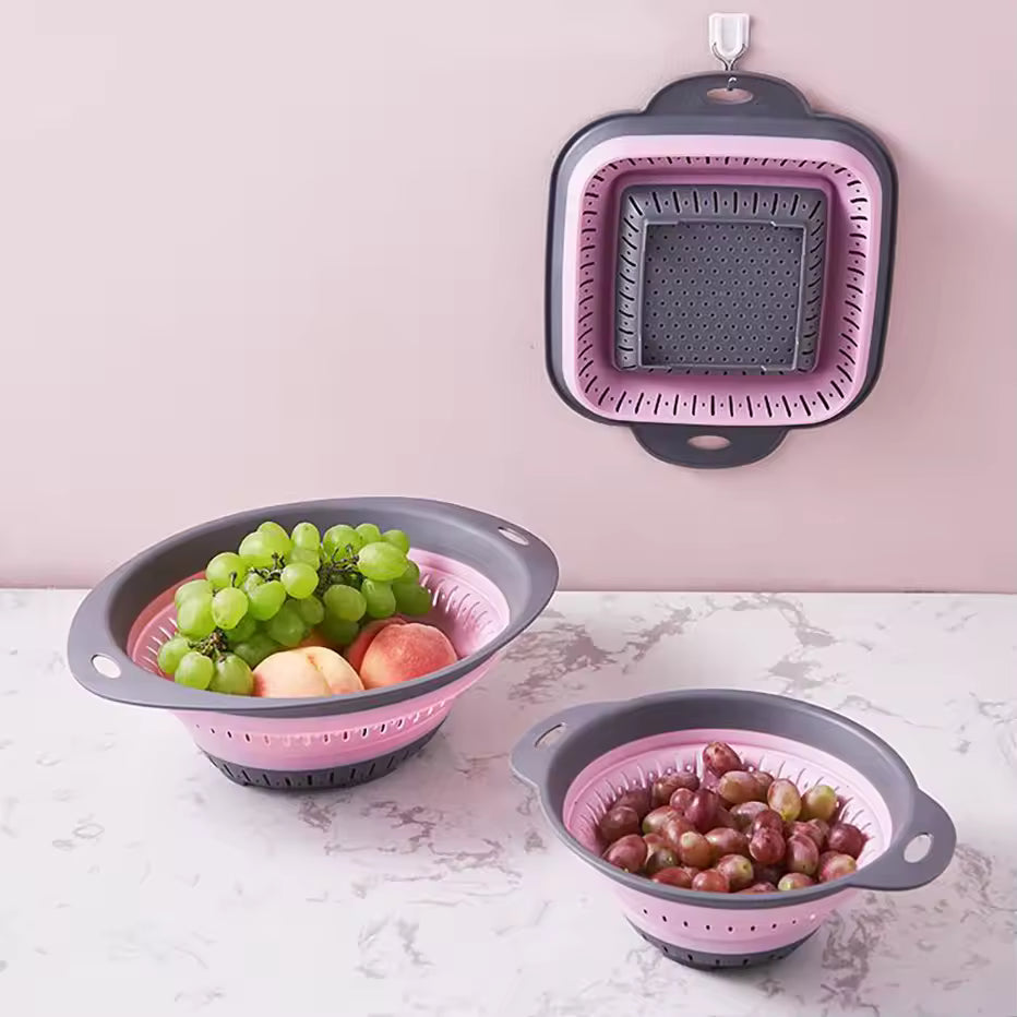 Collapsible Silicone Colander & Strainer Set – Space-Saving Foldable Fruit & Vegetable Washing Basket