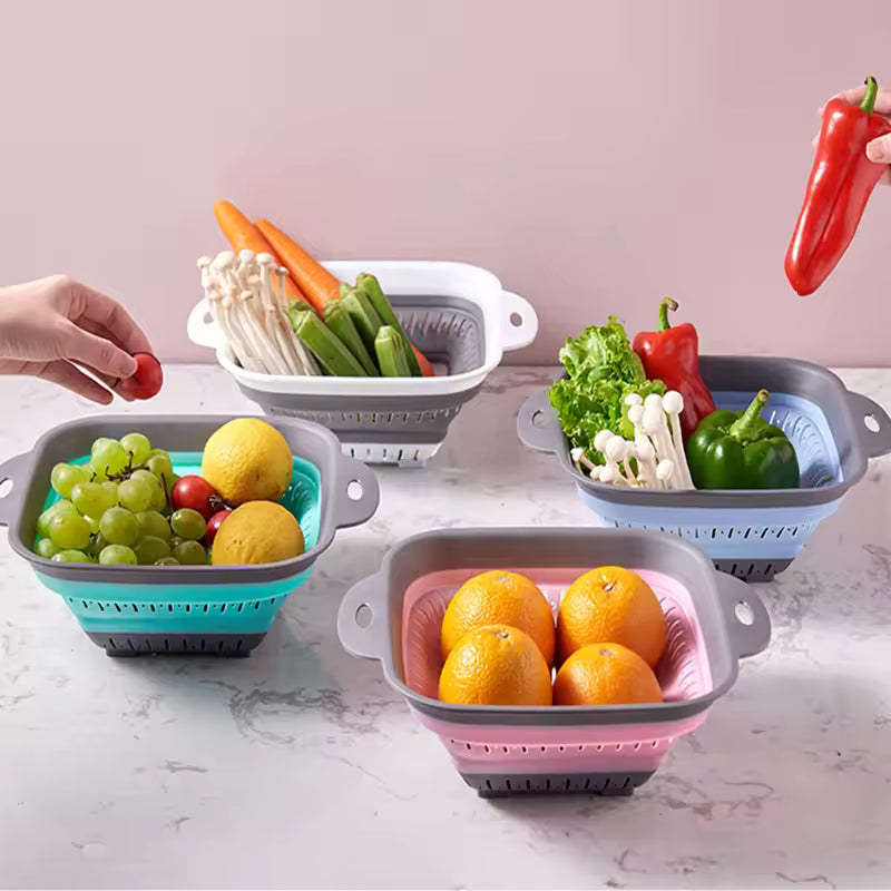 Collapsible Silicone Colander & Strainer Set – Space-Saving Foldable Fruit & Vegetable Washing Basket