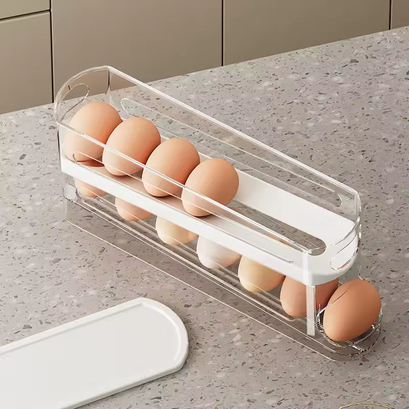 Automatic Rolling Egg Dispenser – Space-Saving Fridge Organizer (White & Silver)